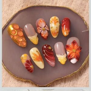 30pcs Fall Maple Leaf Press on Nails Autumn Fake Nail with 3D Floral NWT